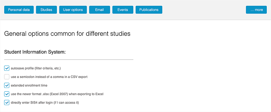Ústřižek stránky zobrazující nabídku, název "Obecné možnosti společné pro různé studie" a aktivní a neaktivní zaškrtávací políčka