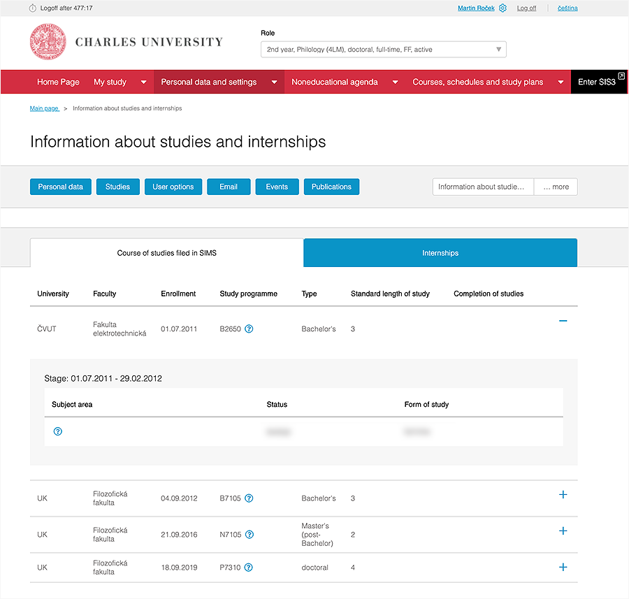 Snímek obrazovky stránky zobrazující záhlaví, červené menu a tabulky s informacemi týkajícími se studia