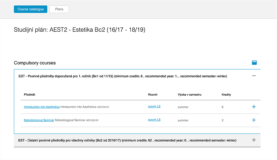 A snippet of a page with title 'Studijní plán: Estetika' and the information about the study plan