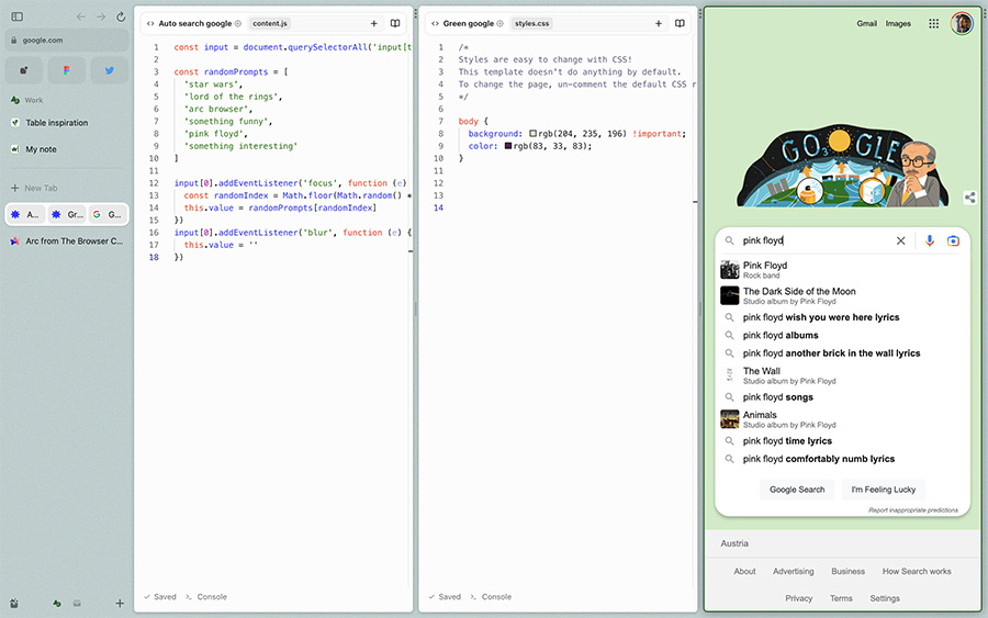 Three browser tabs on side-by-side one with javascript code, second with CSS and last with slightly modified Google homepage